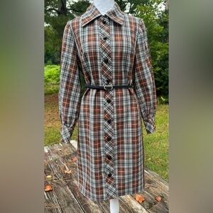 Vintage 70’s Plaid Brown & Black Women's Shirt Dress w/Belt “The Kollection LTD”